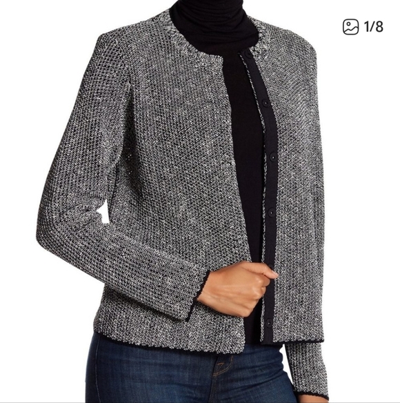 Eileen Fisher Sweaters - Eileen Fisher Organic Linen And Cotton Black White Knit Snap Cardigan Small